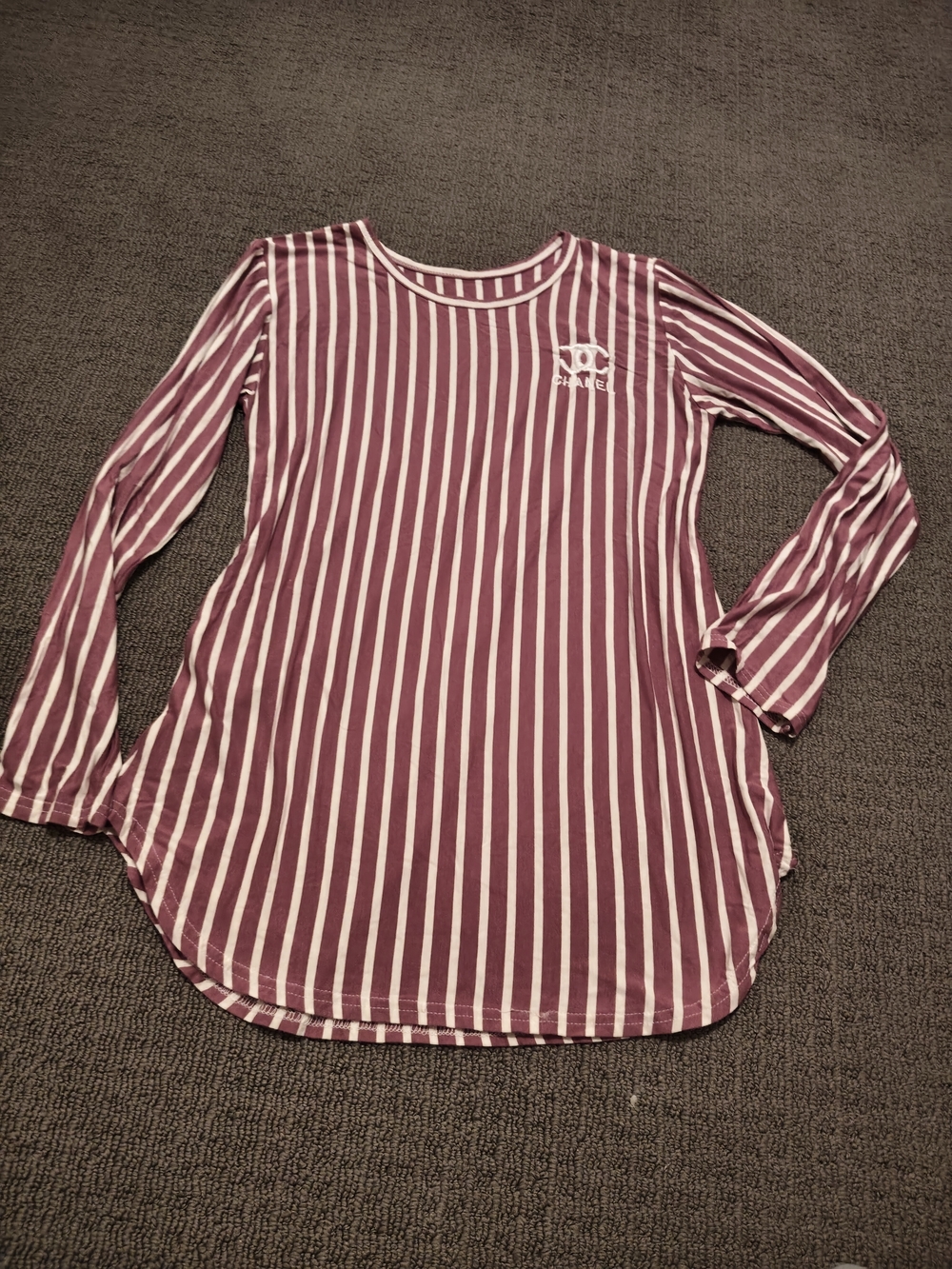 Striped Long Sleeve Tunic Top in Burgundy and White